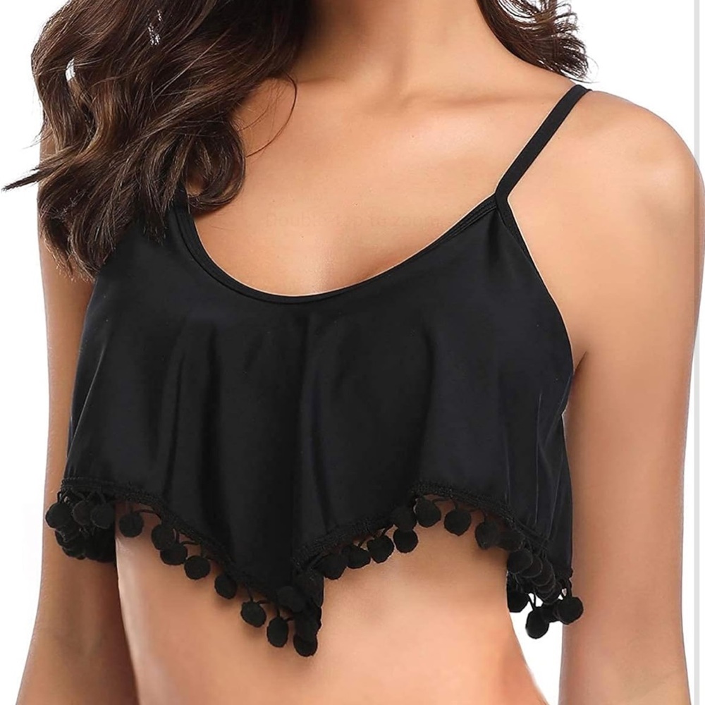 Tempt Me, Flounce Bikini Top, Pom Pom Trim, Swimsuit, Black, Women’s L